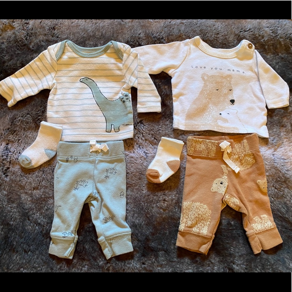SOLD! Carters Preemie boy baby set, bundle of 2 outfits with socks. Dino & Bear